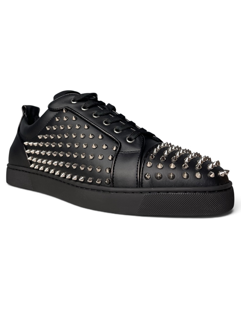 NIB Christian Louboutin Louis Spikes Junior Flat Black Leather Sneakers EU 44.5